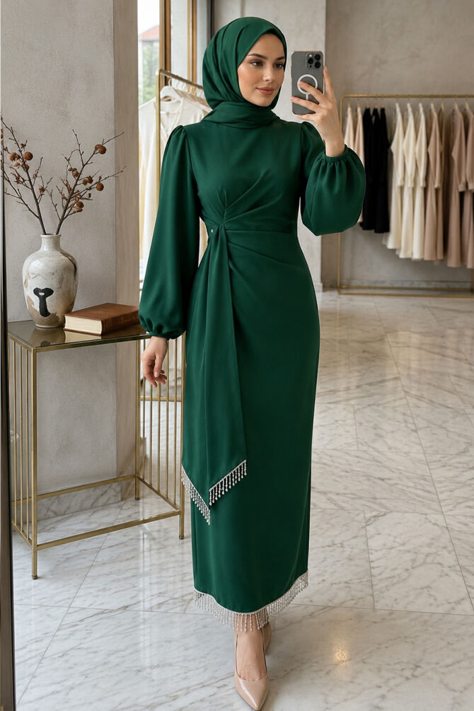Modest Evening Dress - Balloon Sleeve Emerald Green Modest Evening Dress 62251ZY - 
