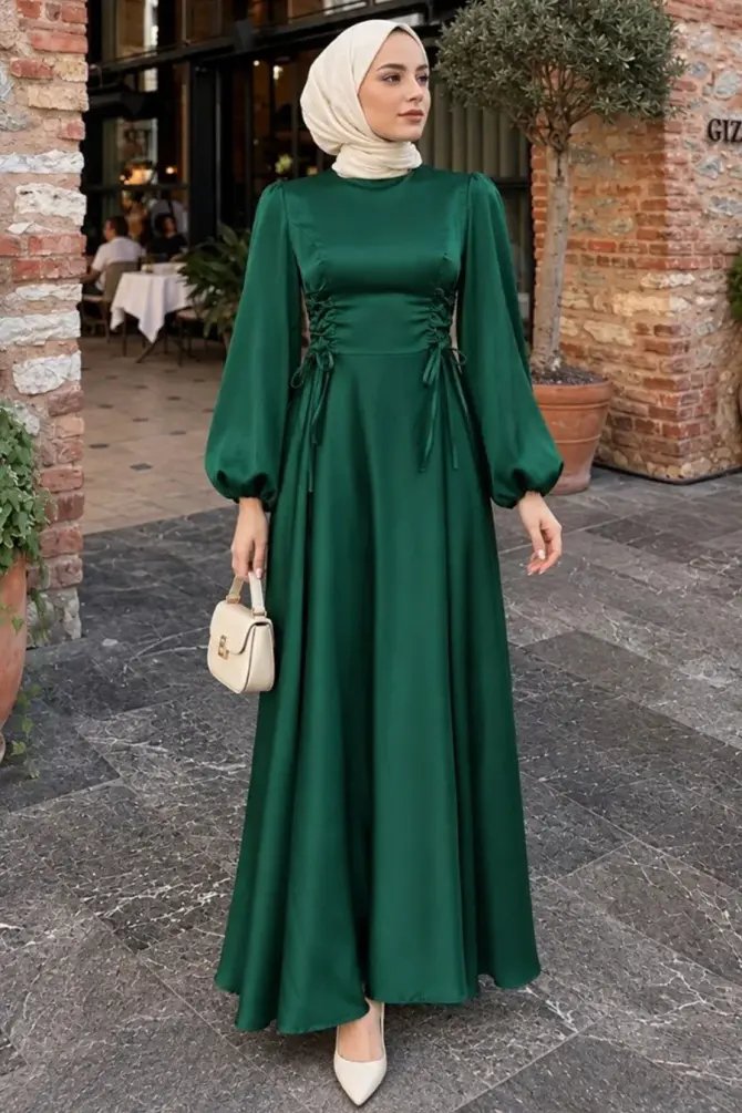 Modest Evening Dress - Balloon Sleeve Green Satin Modest Evening Dress 61501Y - 
