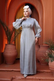 Modest Evening Dress - Balloon Sleeve Grey Modest Evening Dress 62312GR - 2