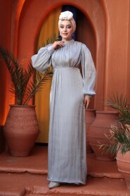 Modest Evening Dress - Balloon Sleeve Grey Modest Evening Dress 62312GR - 3