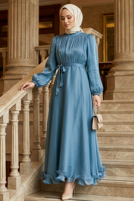 Modest Evening Dress - Balloon Sleeve Indigo Blue Modest Evening Dress 6278IM - 