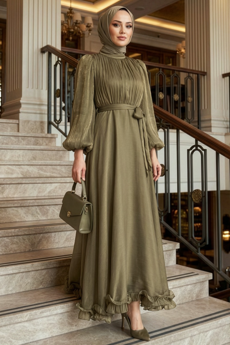 Modest Evening Dress - Balloon Sleeve Khaki Modest Evening Dress 6278HK - 