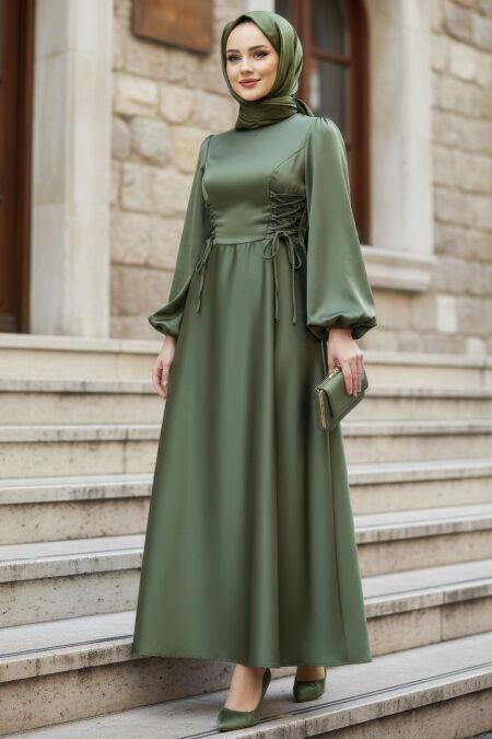 Modest Evening Dress - Balloon Sleeve Khaki Satin Modest Evening Dress 61501HK - 
