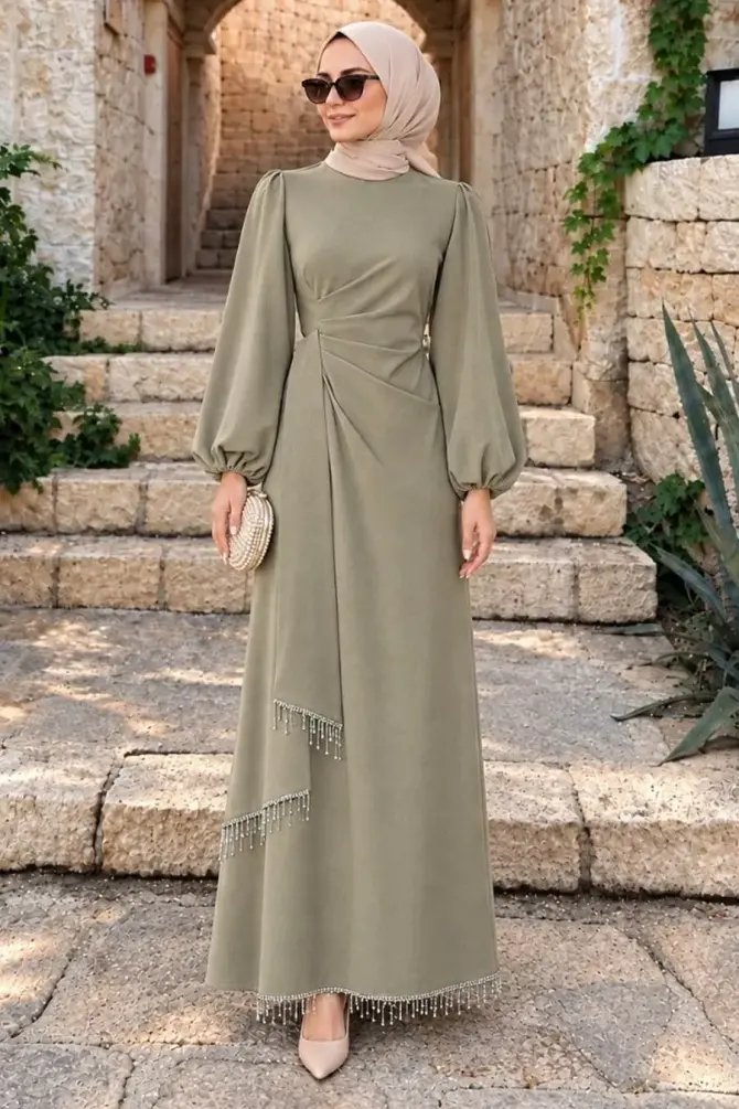 Modest Evening Dress - Balloon Sleeve Light Khaki Modest Evening Dress 62251AHK - 