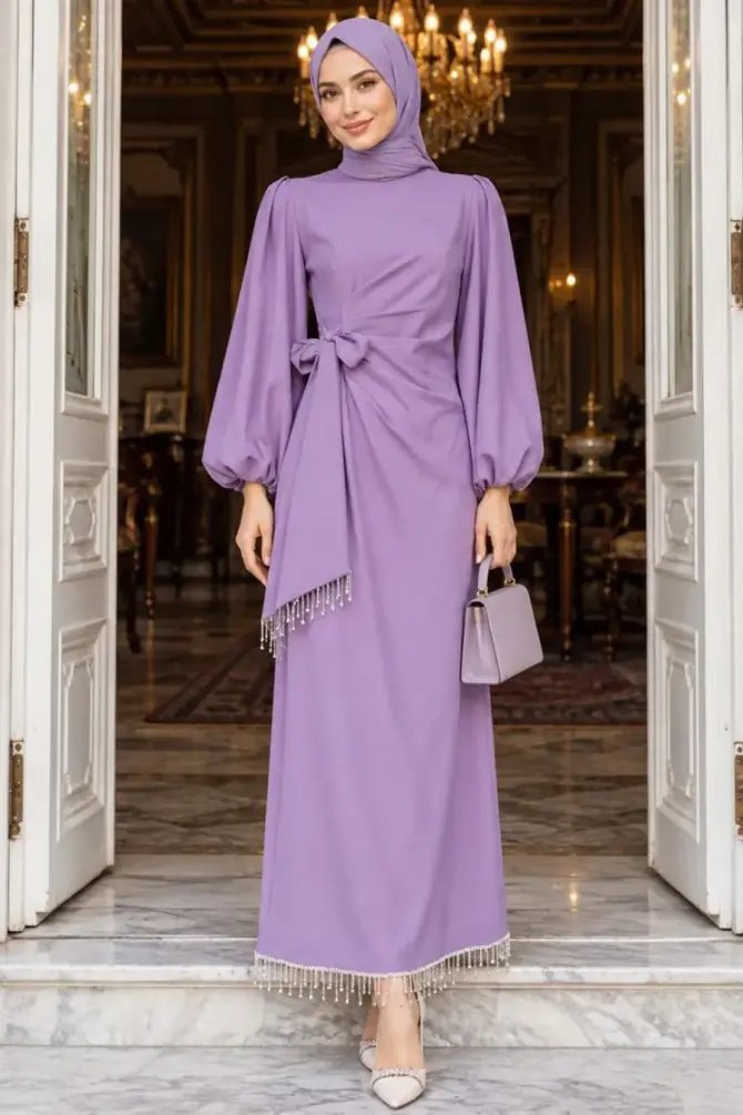 Modest Evening Dress - Balloon Sleeve Lilac Modest Evening Dress 62251Lilac - 