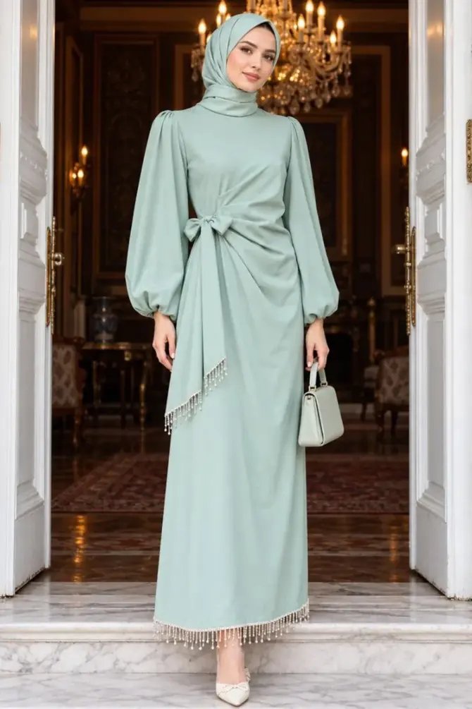 Modest Evening Dress - Balloon Sleeve Mint Modest Evening Dress 62251Mint - 
