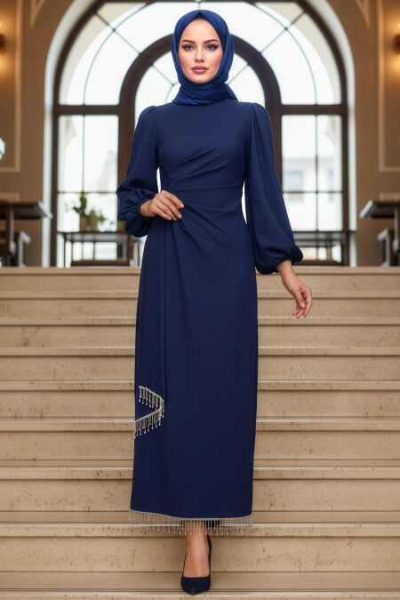 Modest Evening Dress - Balloon Sleeve Navy Blue Modest Evening Dress 62251L - 