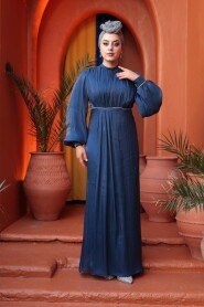 Modest Evening Dress - Balloon Sleeve Navy Modest Evening Dress 62312L - 4