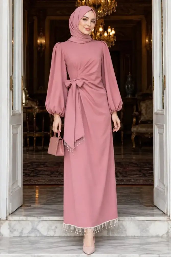 Modest Evening Dress - Balloon Sleeve Salmon Modest Evening Dress 62251SMN - 