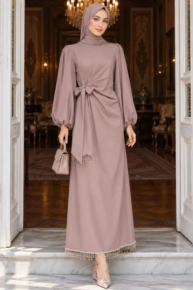 Modest Evening Dress - Balloon Sleeve Taupe Modest Evening Dress 62251V - 