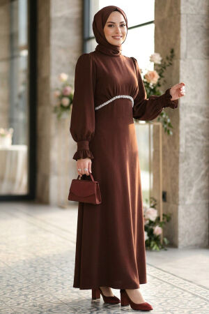 Modest Evening Dress - Bead Detail Brown Modest Satin Evening Dress 62471KH - 