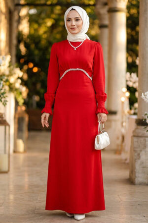 Modest Evening Dress - Bead Detail Red Modest Satin Evening Dress 62471K - 