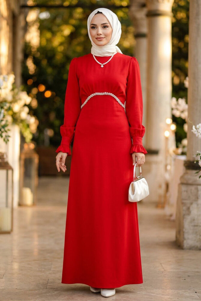 Modest Evening Dress - Bead Detail Red Modest Satin Evening Dress 62471K - 