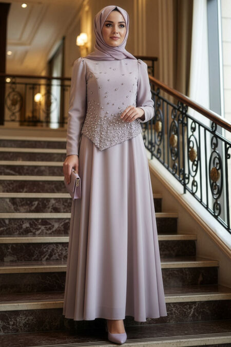 Modest Evening Dress - Bead Detailed Beige Modest Evening Dress 4832BEJ - 