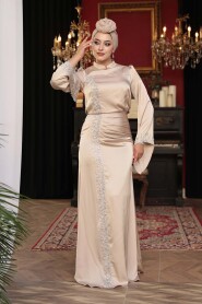 Modest Evening Dress - Bead Detailed Beige Satin Modest Evening Dress 53361BEJ - 2
