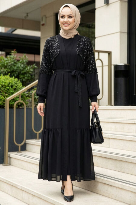 Modest Evening Dress - Bead Detailed Black Modest Evening Dress 48201S - 