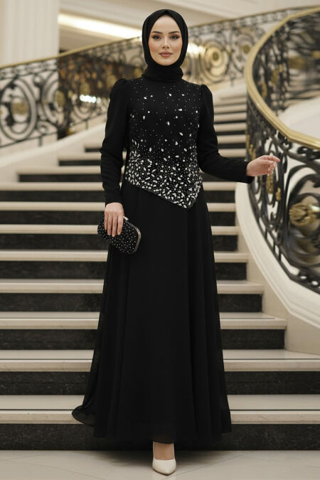 Modest Evening Dress - Bead Detailed Black Modest Evening Dress 4832S - 