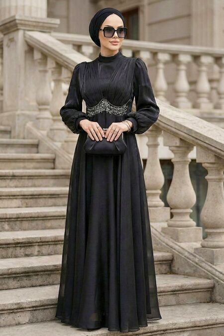 Modest Evening Dress - Bead Detailed Black Modest Evening Dress 4876S - 