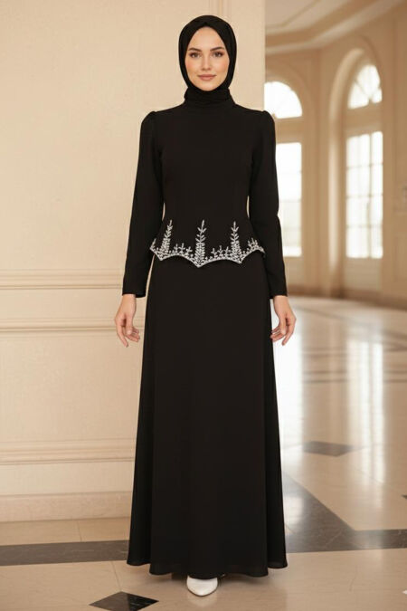 Modest Evening Dress - Bead Detailed Black Modest Evening Dress 54191S - 