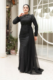 Modest Evening Dress - Bead Detailed Black Modest Evening Dress 54301S - 3