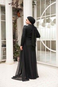 Modest Evening Dress - Bead Detailed Black Modest Evening Dress 54301S - 4