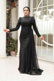 Modest Evening Dress - Bead Detailed Black Modest Evening Dress 54301S - 2
