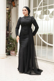 Modest Evening Dress - Bead Detailed Black Modest Evening Dress 54301S - 1
