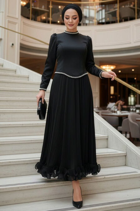 Modest Evening Dress - Bead Detailed Black Modest Evening Dress 54981S - 