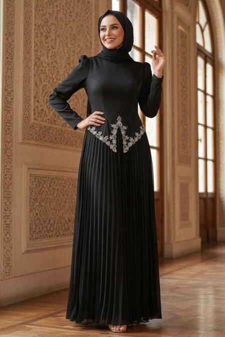 Modest Evening Dress - Bead Detailed Black Modest Evening Dress 55141S - 