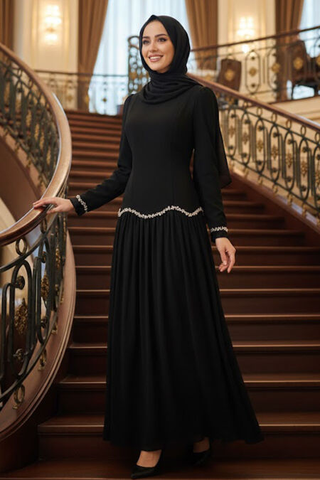 Modest Evening Dress - Bead Detailed Black Modest Evening Dress 55212S - 