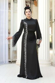 Modest Evening Dress - Bead Detailed Black Satin Modest Evening Dress 53361S - 2