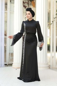 Modest Evening Dress - Bead Detailed Black Satin Modest Evening Dress 53361S - 1
