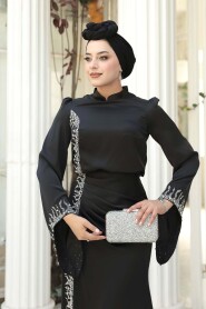 Modest Evening Dress - Bead Detailed Black Satin Modest Evening Dress 53361S - 4