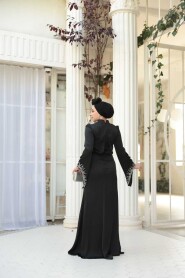 Modest Evening Dress - Bead Detailed Black Satin Modest Evening Dress 53361S - 5