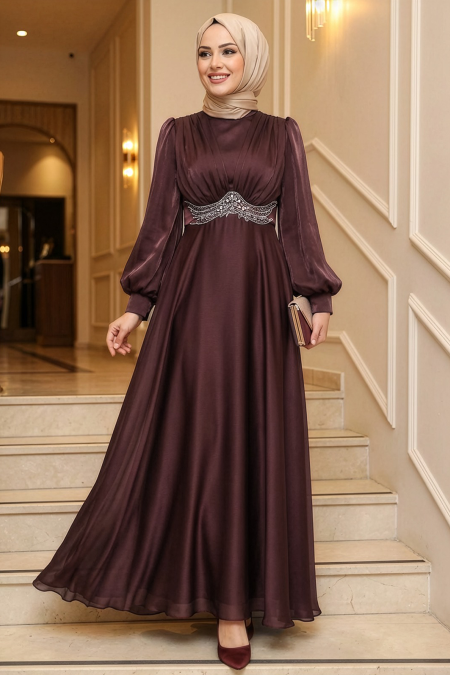 Modest Evening Dress - Bead Detailed Brown Modest Evening Dress 4876KH - 
