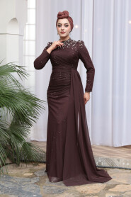 Modest Evening Dress - Bead Detailed Brown Modest Evening Dress 54301KH - 2
