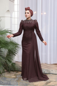 Modest Evening Dress - Bead Detailed Brown Modest Evening Dress 54301KH - 1