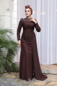 Modest Evening Dress - Bead Detailed Brown Modest Evening Dress 54301KH - 3
