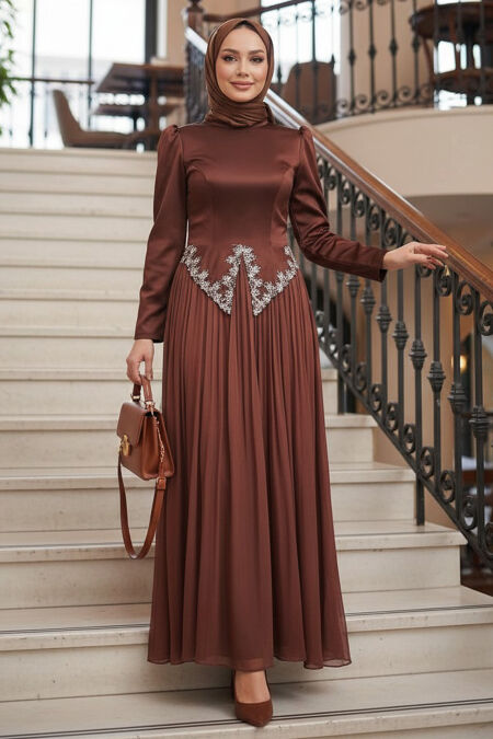 Modest Evening Dress - Bead Detailed Brown Modest Evening Dress 55141KH - 
