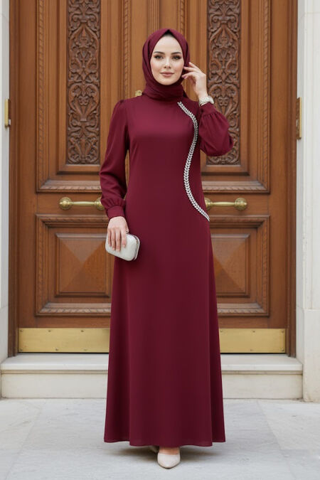 Modest Evening Dress - Bead Detailed Claret Red Modest Satin Evening Dress 62281BR - NEVA STYLE