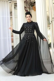 Modest Evening Dress - Bead Detailed Cape Black Modest Evening Dress 53141S - 1