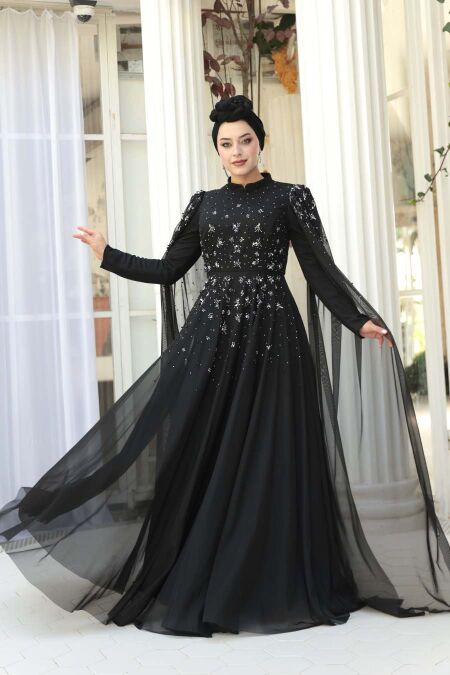 Modest Evening Dress - Bead Detailed Cape Black Modest Evening Dress 53141S - NEVA STYLE