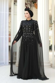 Modest Evening Dress - Bead Detailed Cape Black Modest Evening Dress 53141S - 2