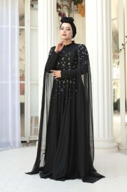 Modest Evening Dress - Bead Detailed Cape Black Modest Evening Dress 53141S - 3