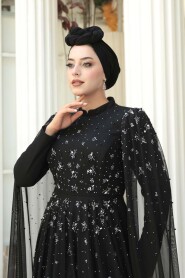 Modest Evening Dress - Bead Detailed Cape Black Modest Evening Dress 53141S - 4