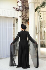 Modest Evening Dress - Bead Detailed Cape Black Modest Evening Dress 53141S - 5