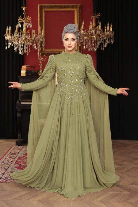 Modest Evening Dress - Bead Detailed Cape Light Khaki Modest Evening Dress 53141AHK - NEVA STYLE