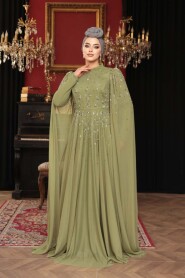 Modest Evening Dress - Bead Detailed Cape Light Khaki Modest Evening Dress 53141AHK - 2