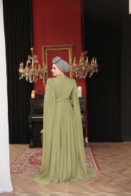 Modest Evening Dress - Bead Detailed Cape Light Khaki Modest Evening Dress 53141AHK - 3