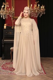 Modest Evening Dress - Bead Detailed Cape Mink Modest Evening Dress 53141V - 2